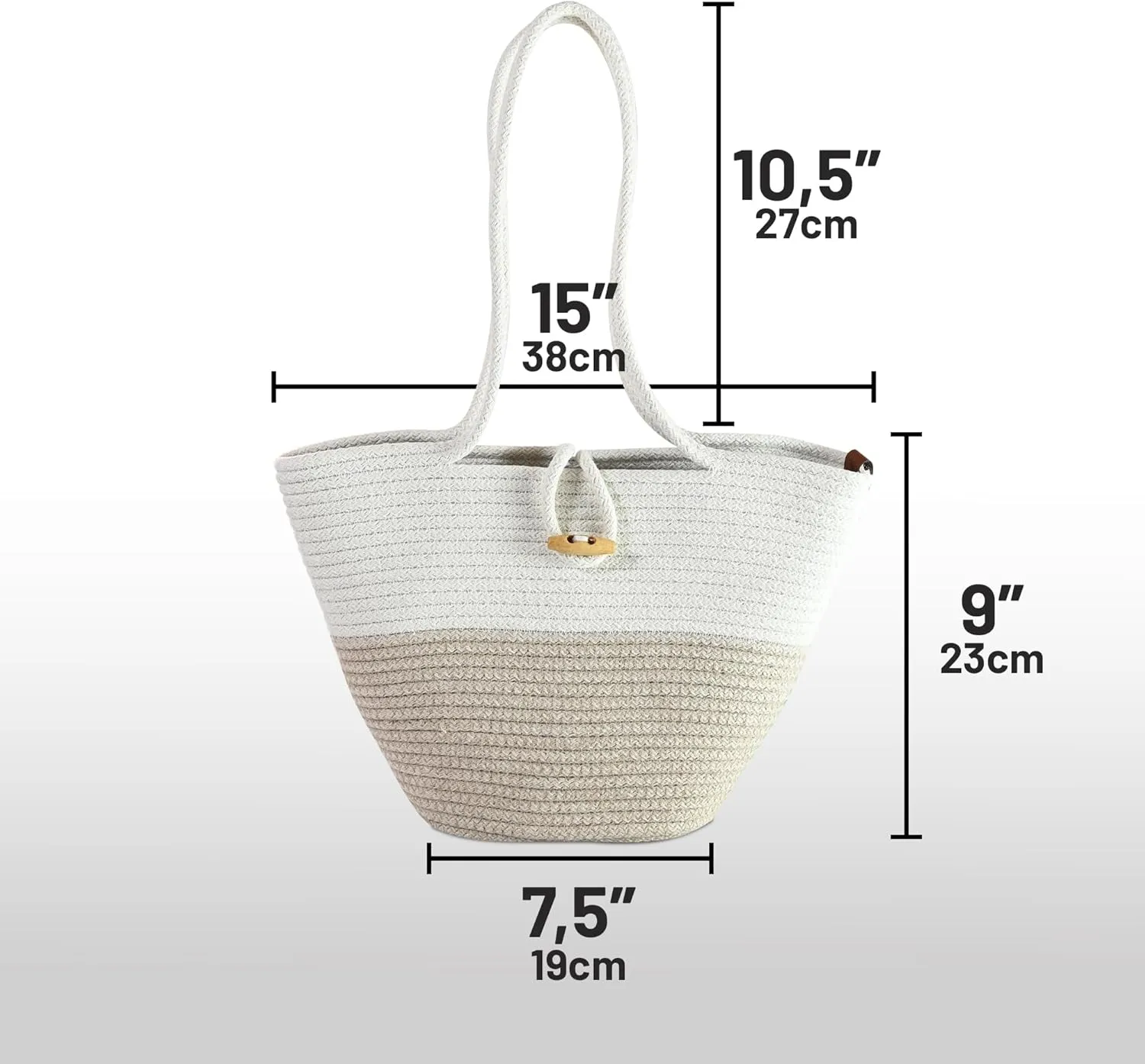 Shoulder and Hand Bag for Women, Handmade by Braided Cotton Cord, Set of 2, Bag Sizes 15”x9” and 13”x8”, Beige/Off-White
