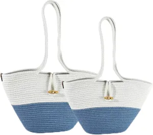 Shoulder and Hand Bag for Women, Handmade by Braided Cotton Cord, Set of 2, Bag Sizes 15”x9” and 13”x8”, Beige/Off-White
