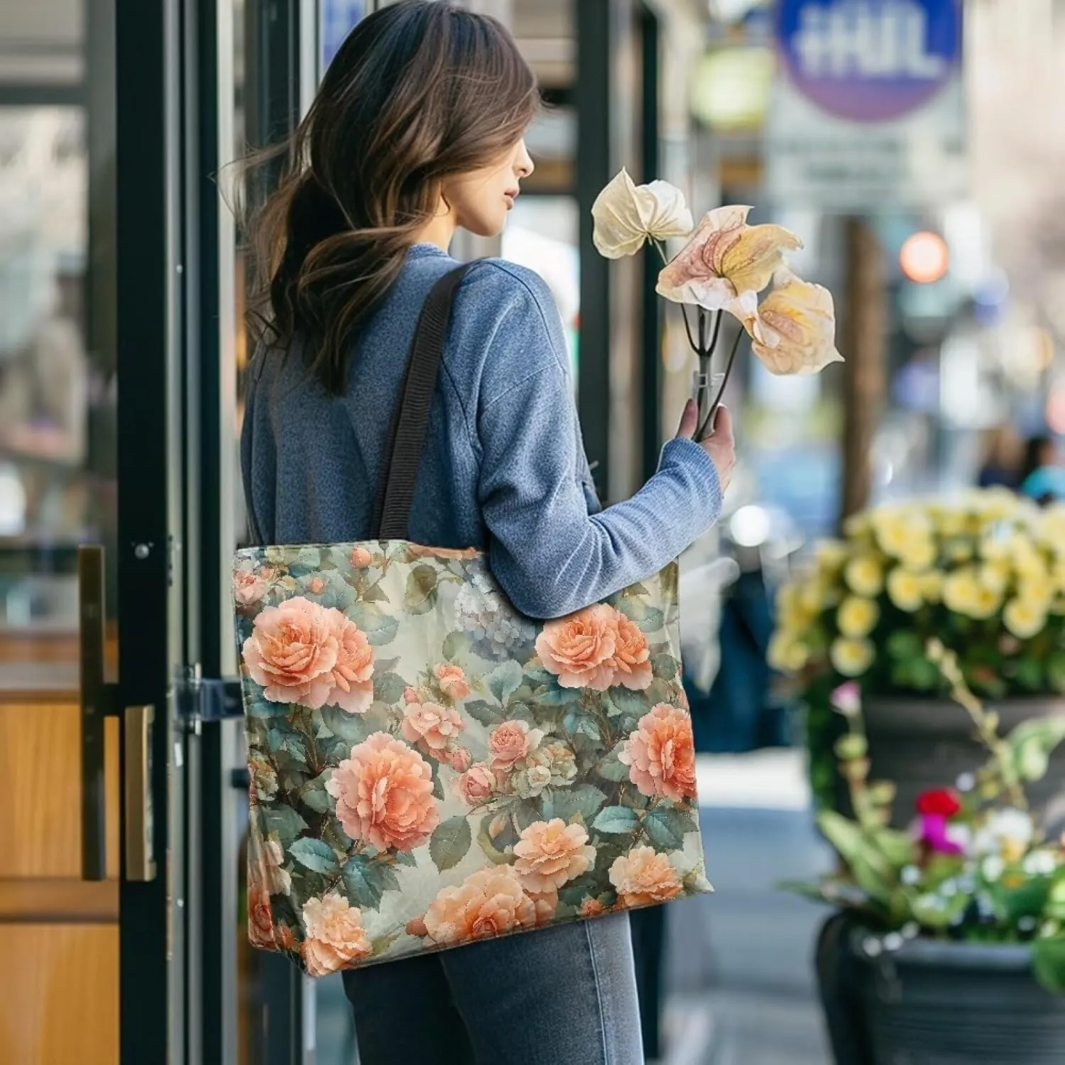 Shoulder Tote Bag for Women Foldable Hobo Handbag, Abstract Painting Art Eco Shopping Bag Tote Grocery Bags