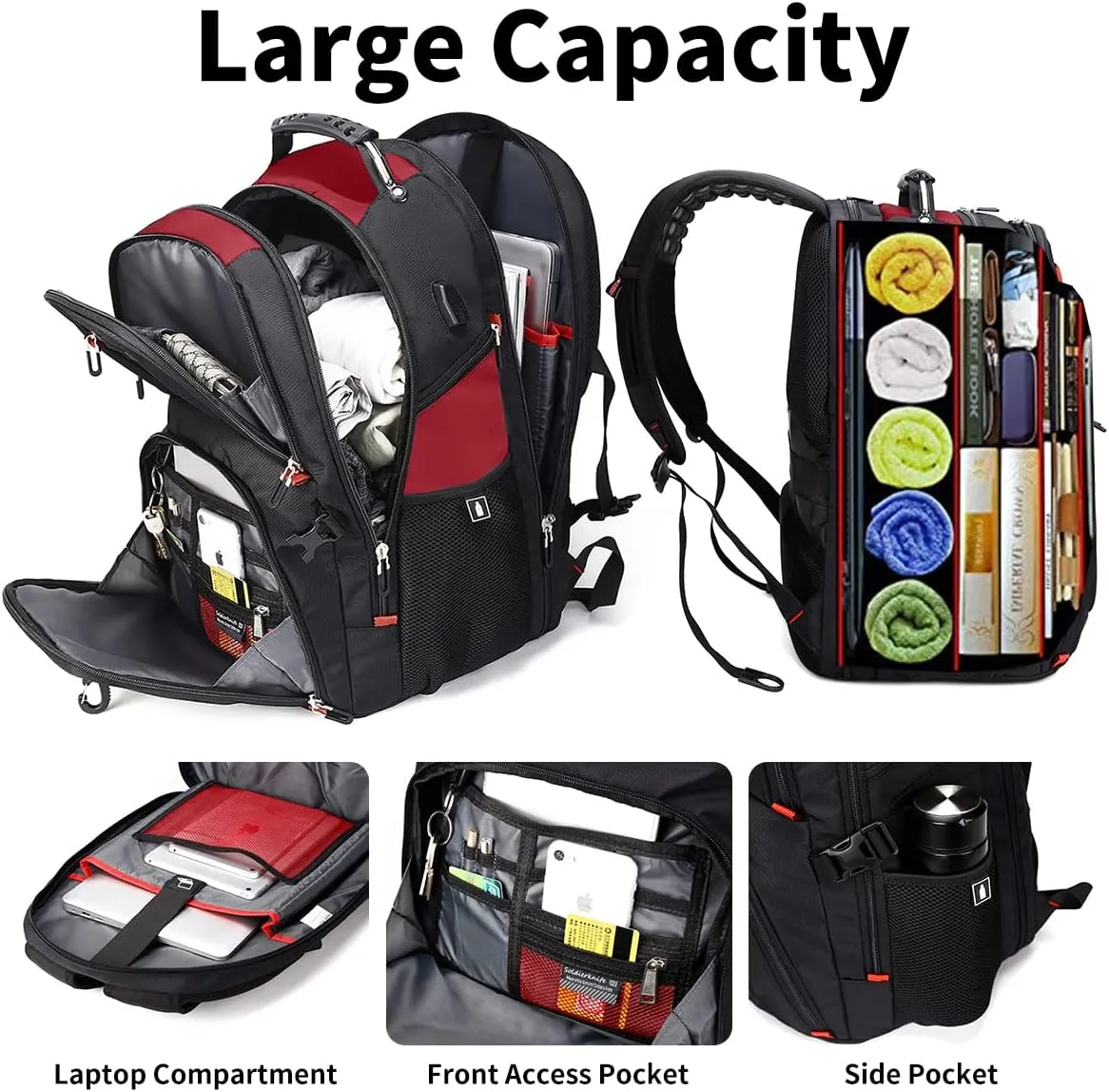 SHRRADOO Extra Large 50L Travel Laptop Backpack with USB Charging Port, College High School Backpack Airline Approved Business Work Bag Fit 17 Inch Laptops for Men Women,Red