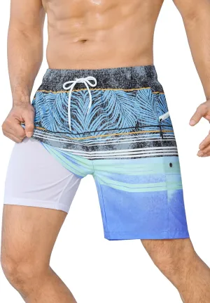 SILKWORLD Men Swim Trunks with Compression Liner 7" Bathing Suits Quick Dry Swimming Shorts with Zipper Pocket