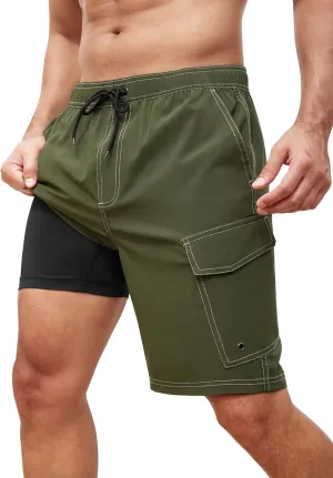 SILKWORLD Mens Swim Trunks with Compression Liner 9 Inch Bathing Suits Quick-Dry Swimming Beach Shorts with Cargo Pockets