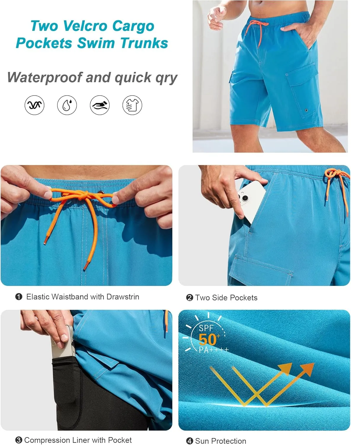 SILKWORLD Mens Swim Trunks with Compression Liner 9 Inch Bathing Suits Quick-Dry Swimming Beach Shorts with Cargo Pockets