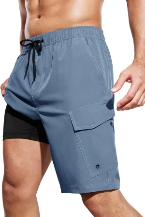 SILKWORLD Mens Swim Trunks with Compression Liner 9 Inch Bathing Suits Quick-Dry Swimming Beach Shorts with Cargo Pockets