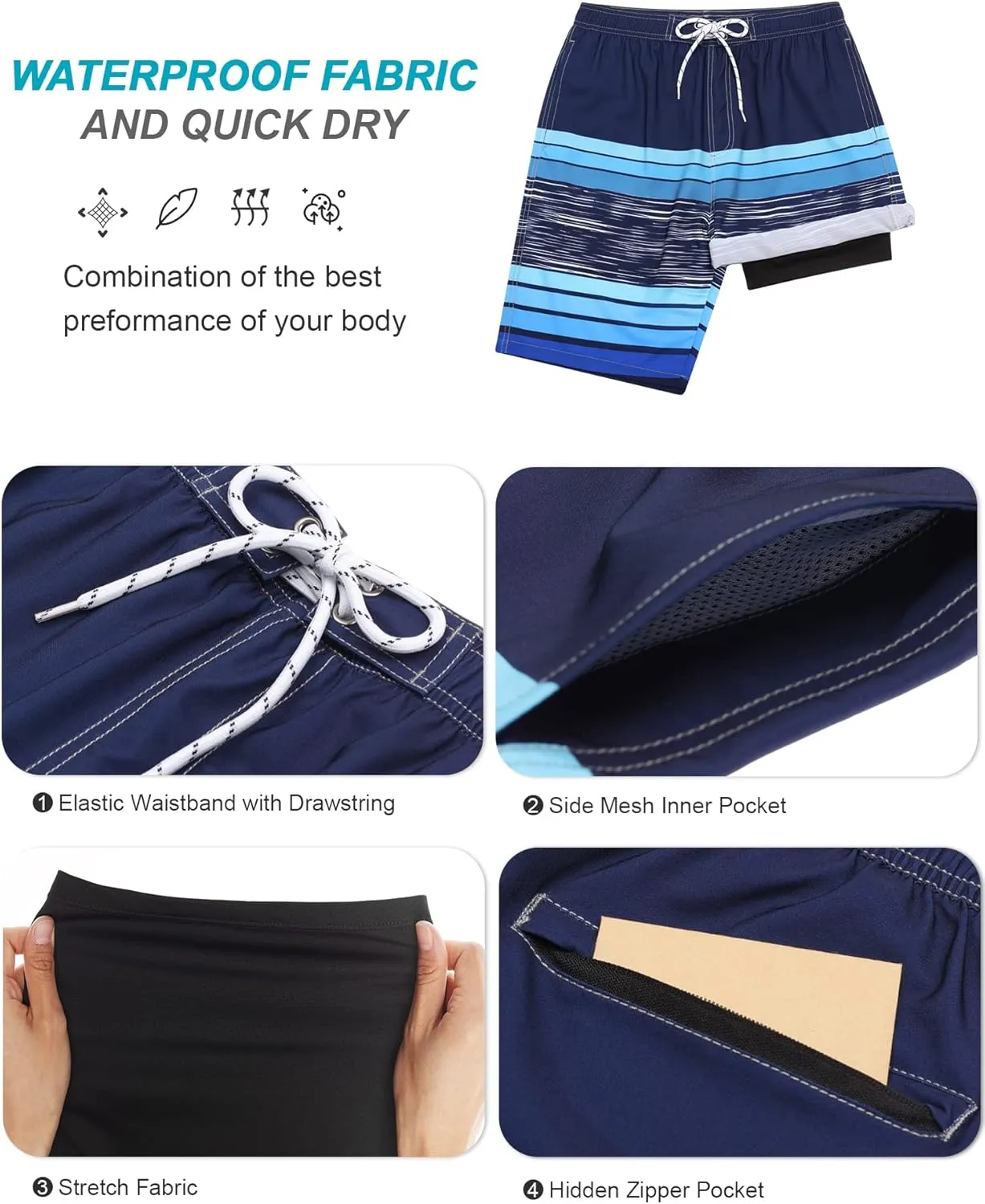 SILKWORLD Mens Swim Trunks with Compression Liner 9" Beach Board Shorts Men 2 in 1 Quick Dry Bathing Suit with Pockets