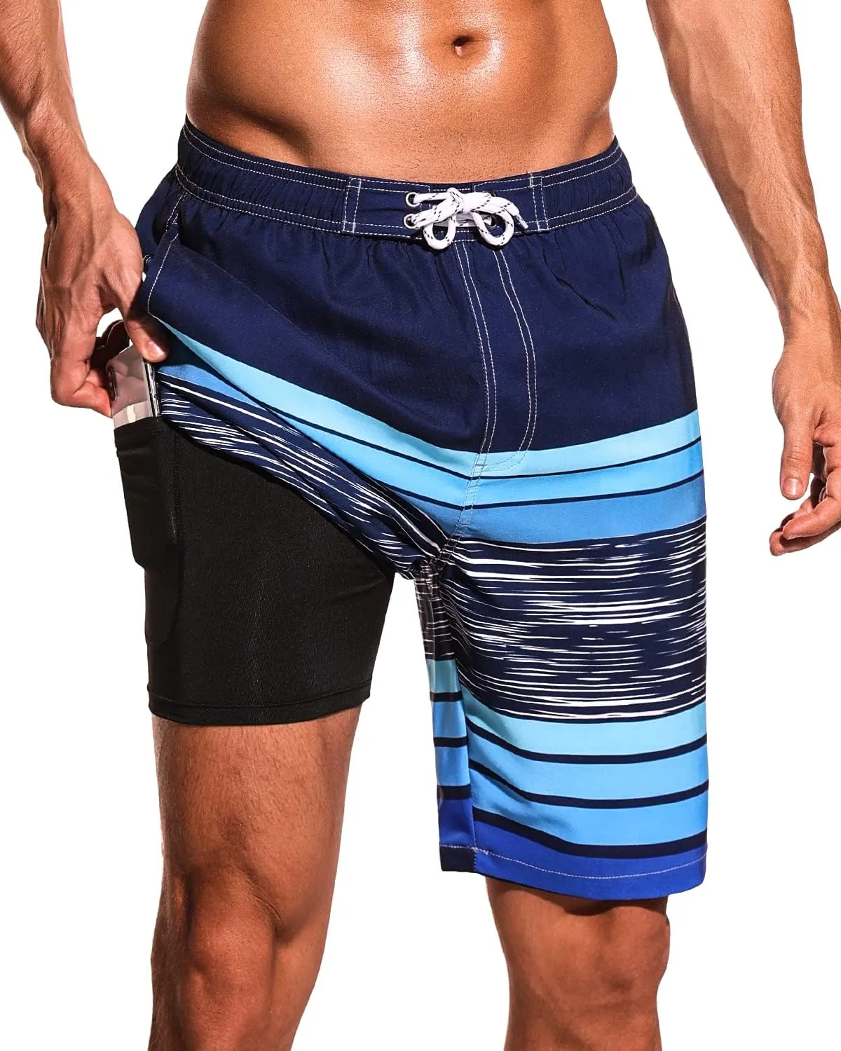 SILKWORLD Mens Swim Trunks with Compression Liner 9" Beach Board Shorts Men 2 in 1 Quick Dry Bathing Suit with Pockets