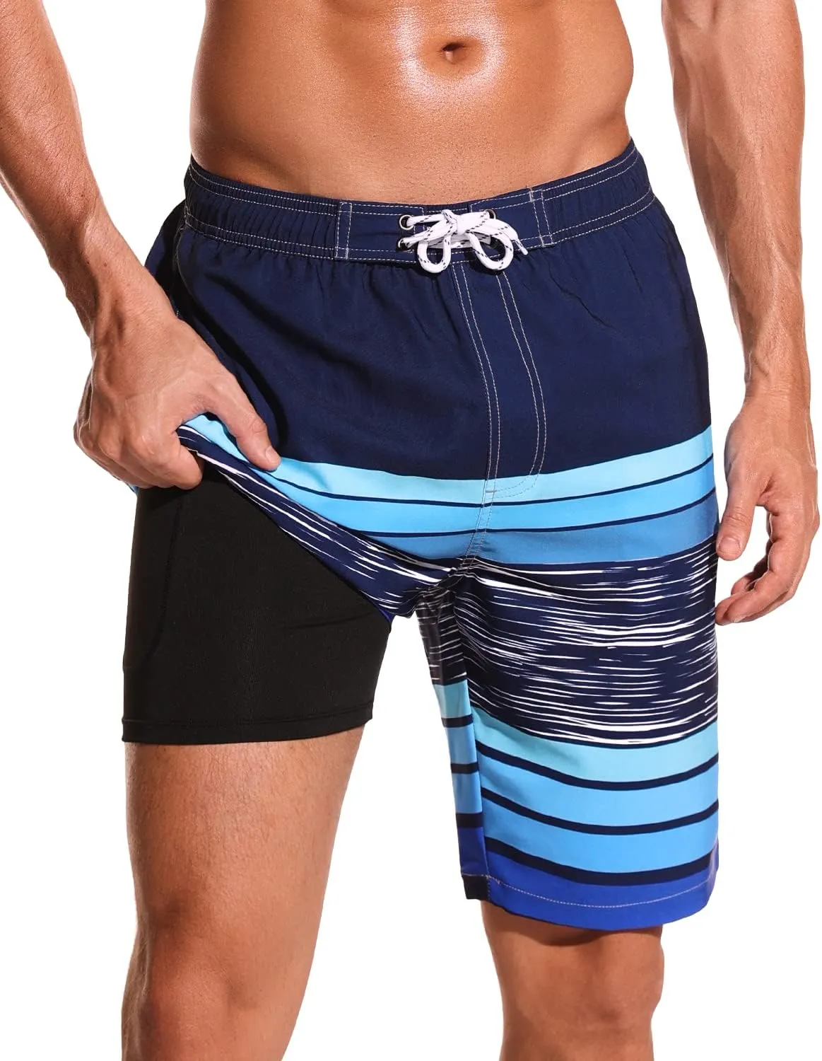 SILKWORLD Mens Swim Trunks with Compression Liner 9" Beach Board Shorts Men 2 in 1 Quick Dry Bathing Suit with Pockets
