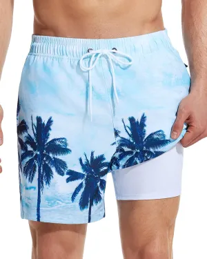 SILKWORLD Mens Swimming Trunks with Compression Liner 2 in 1 Quick-Dry Swim Shorts with Zipper Pockets