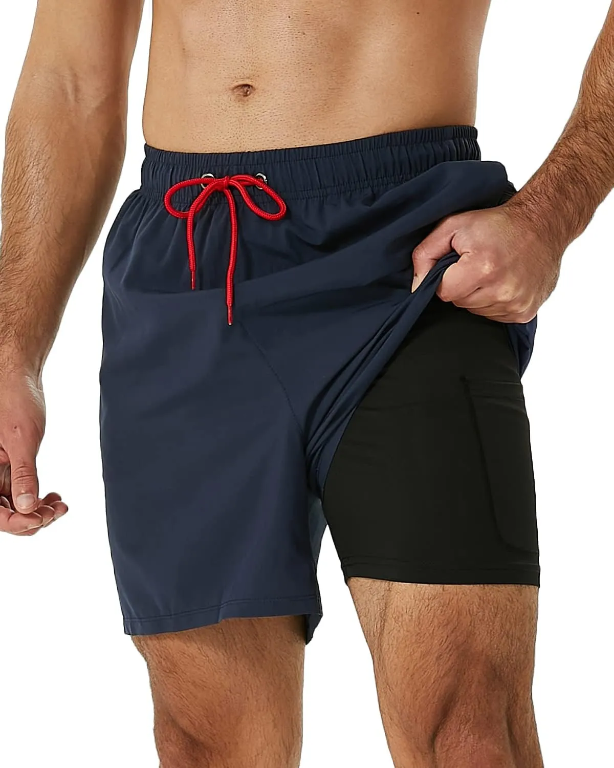 SILKWORLD Mens Swimming Trunks with Compression Liner 2 in 1 Quick-Dry Swim Shorts with Zipper Pockets