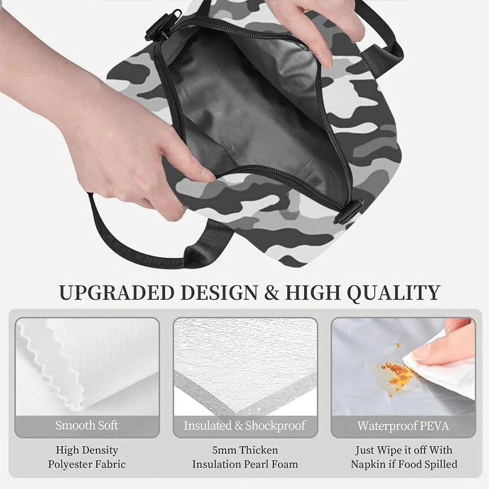 Simple Camouflage Gray Military camouflage formats Insulated Adult Lunch Bag with Shoulder Strap for Women Lightweight Reusable Portable Freezable Lunch Tote Bag for Work Picnic