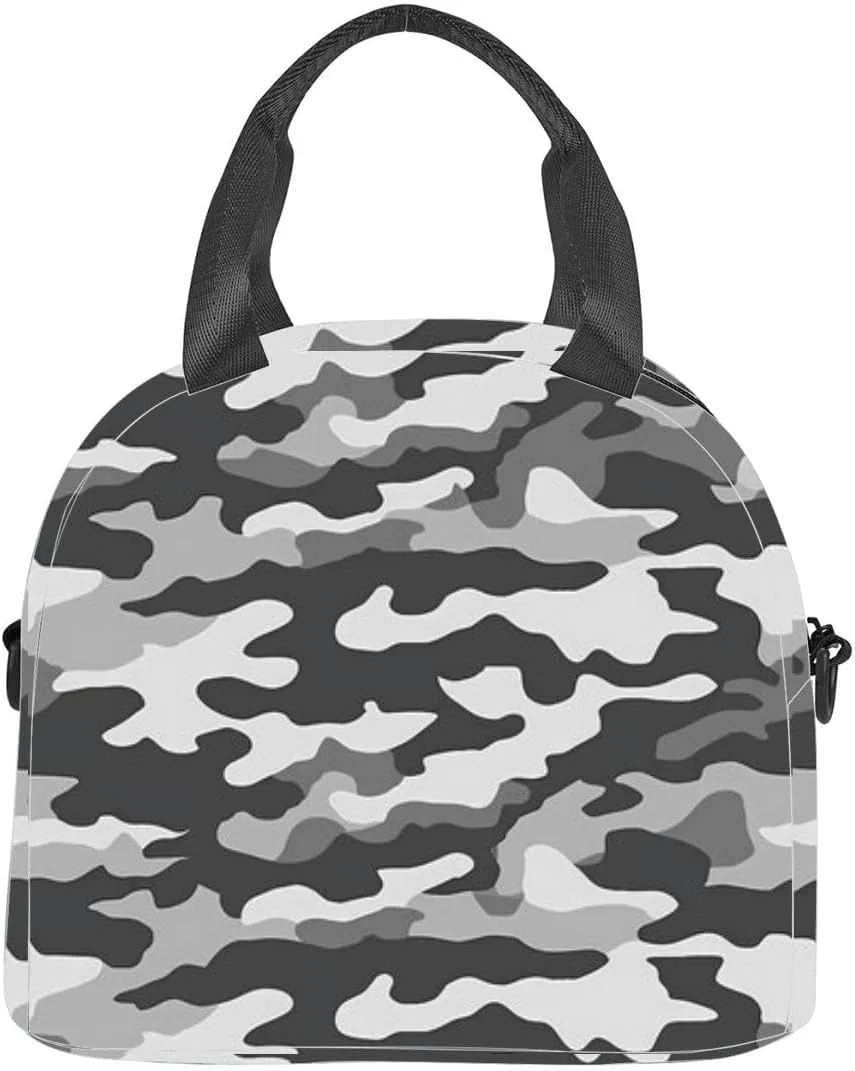 Simple Camouflage Gray Military camouflage formats Insulated Adult Lunch Bag with Shoulder Strap for Women Lightweight Reusable Portable Freezable Lunch Tote Bag for Work Picnic
