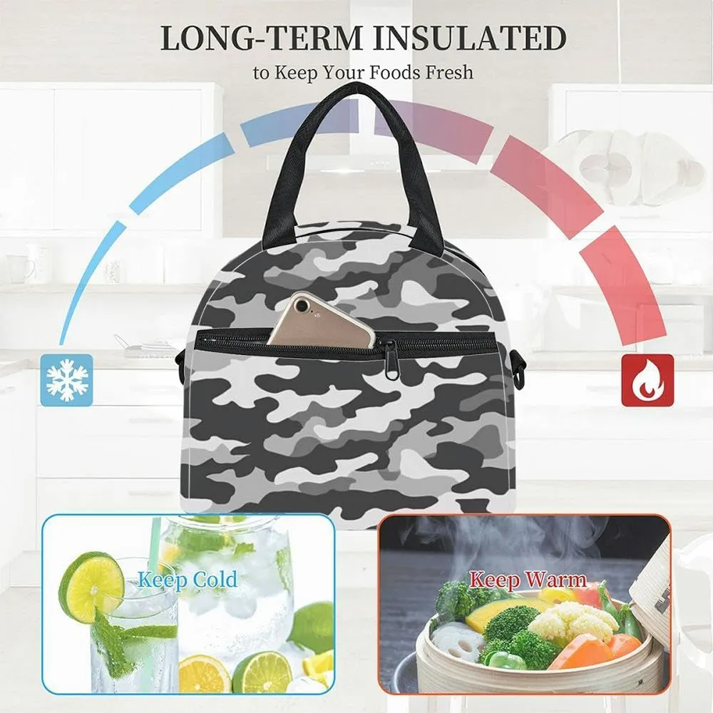 Simple Camouflage Gray Military camouflage formats Insulated Adult Lunch Bag with Shoulder Strap for Women Lightweight Reusable Portable Freezable Lunch Tote Bag for Work Picnic
