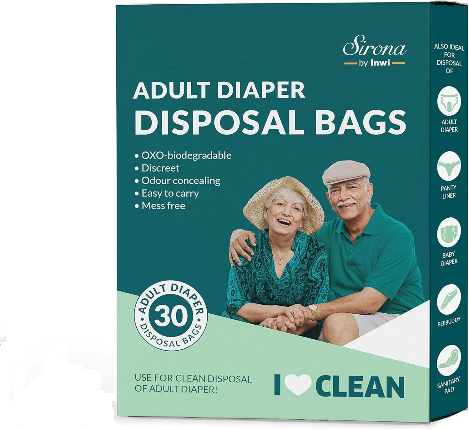 Sirona Adult Diaper Waste Bags, 60 Count, 12.5 x 15 Inch, Oxo-Biodegradable, Discreet, Environment Friendly, Odor Lock, Tamper Proof
