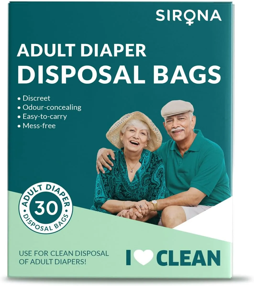Sirona Disposable Bags for Adult Diapers | Discreet, Locks In Odors, Leak-Proof Adhesive, Environmentally Friendly & Biodegradable | Travel-Friendly Disposal Bags Pack of 30