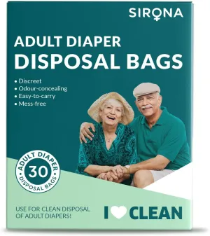 Sirona Disposable Bags for Adult Diapers | Discreet, Locks In Odors, Leak-Proof Adhesive, Environmentally Friendly & Biodegradable | Travel-Friendly Disposal Bags Pack of 30