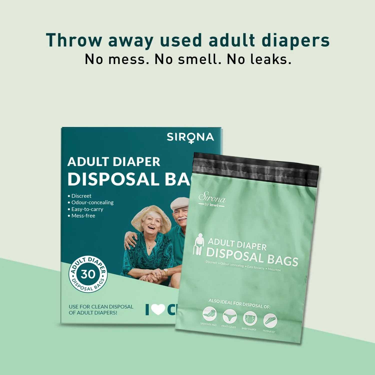 Sirona Disposable Bags for Adult Diapers | Discreet, Locks In Odors, Leak-Proof Adhesive, Environmentally Friendly & Biodegradable | Travel-Friendly Disposal Bags Pack of 30
