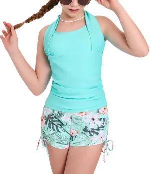 Size 7-16 Years Girls Slim Fit Swimsuit 2 Piece Halterneck Tankini Swimsuit Drawstring Printed Swim Shorts