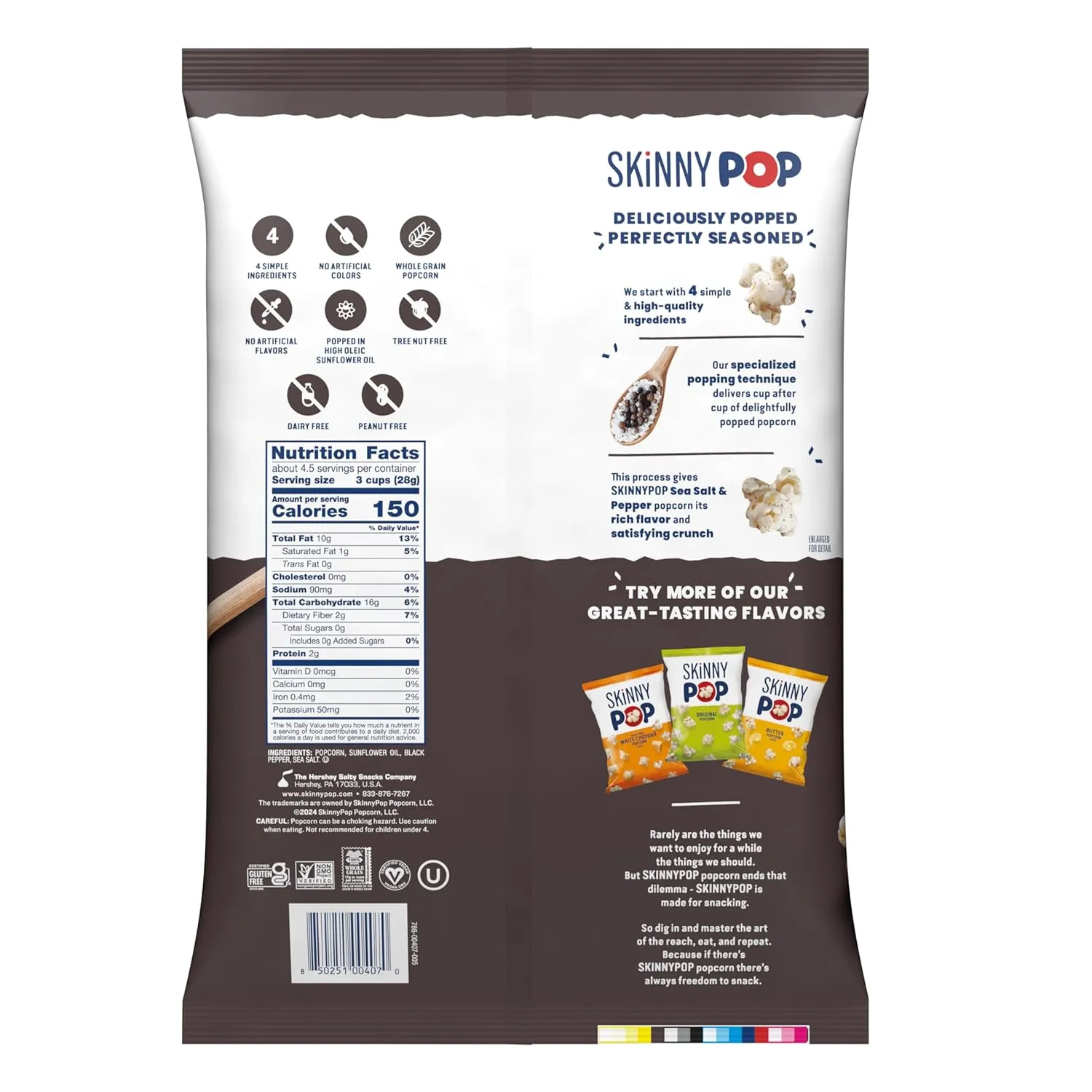 SkinnyPop Sea Salt & Pepper Popcorn, Gluten Free, Non-GMO, Healthy Popcorn Snacks, Skinny Pop, 4.4oz Grocery Size Bags (12 Count)
