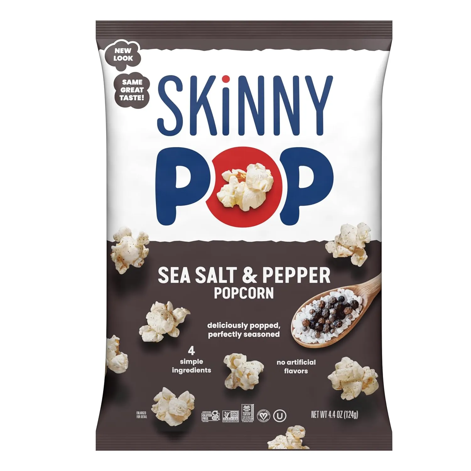SkinnyPop Sea Salt & Pepper Popcorn, Gluten Free, Non-GMO, Healthy Popcorn Snacks, Skinny Pop, 4.4oz Grocery Size Bags (12 Count)
