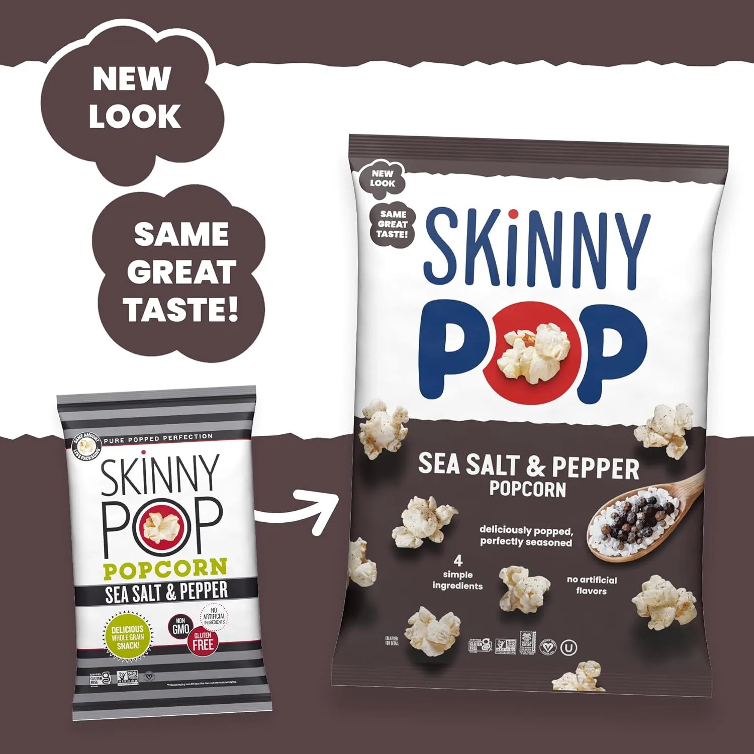 SkinnyPop Sea Salt & Pepper Popcorn, Gluten Free, Non-GMO, Healthy Popcorn Snacks, Skinny Pop, 4.4oz Grocery Size Bags (12 Count)