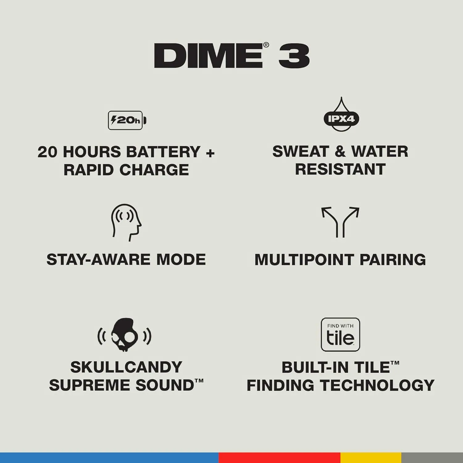 Skullcandy Dime 3 Wireless Earbuds, Bluetooth Headphones, Noise Isolating Fit, Up to 20 Hours Battery, Microphone for iPhone Android, Easy Carry with Integrated Lanyard - True Black