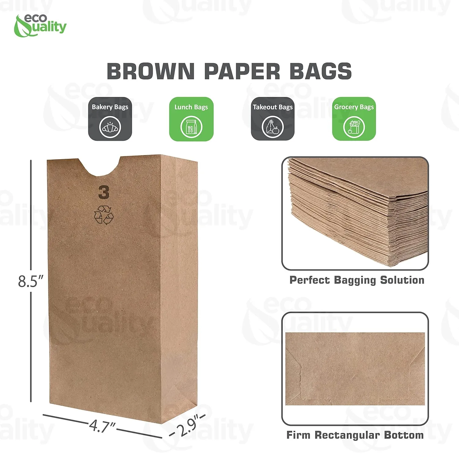 Small Brown Kraft Paper Bag (3 lb) Small - Paper Lunch Bags, Small Snacks, Gift Bags, Grocery, Merchandise, Party Bags (4-3/4" x 2-15/16" x 8-9/16) (3 Pound Capacity) by EcoQuality (300)