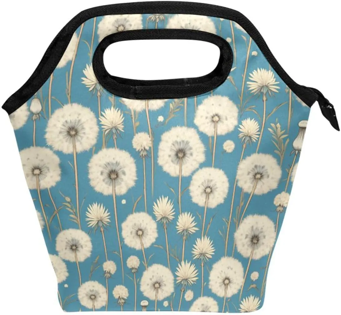 small insulated lunch bags with Curved handle small lunch box Waterproof soft cooler bag for Office Travel White Dandelion Flower Retro Vintage Victorian
