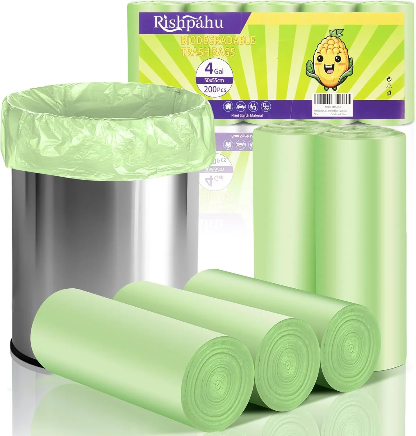Small Trash Bags 4-6 Gallon - Rishipahu 200 Count Biodegradable Green 4 Gallon Trash Bags,Mini Garbage Bags for Bathroom Office Bedroom, Unscented 15L Small Trash Can Liners