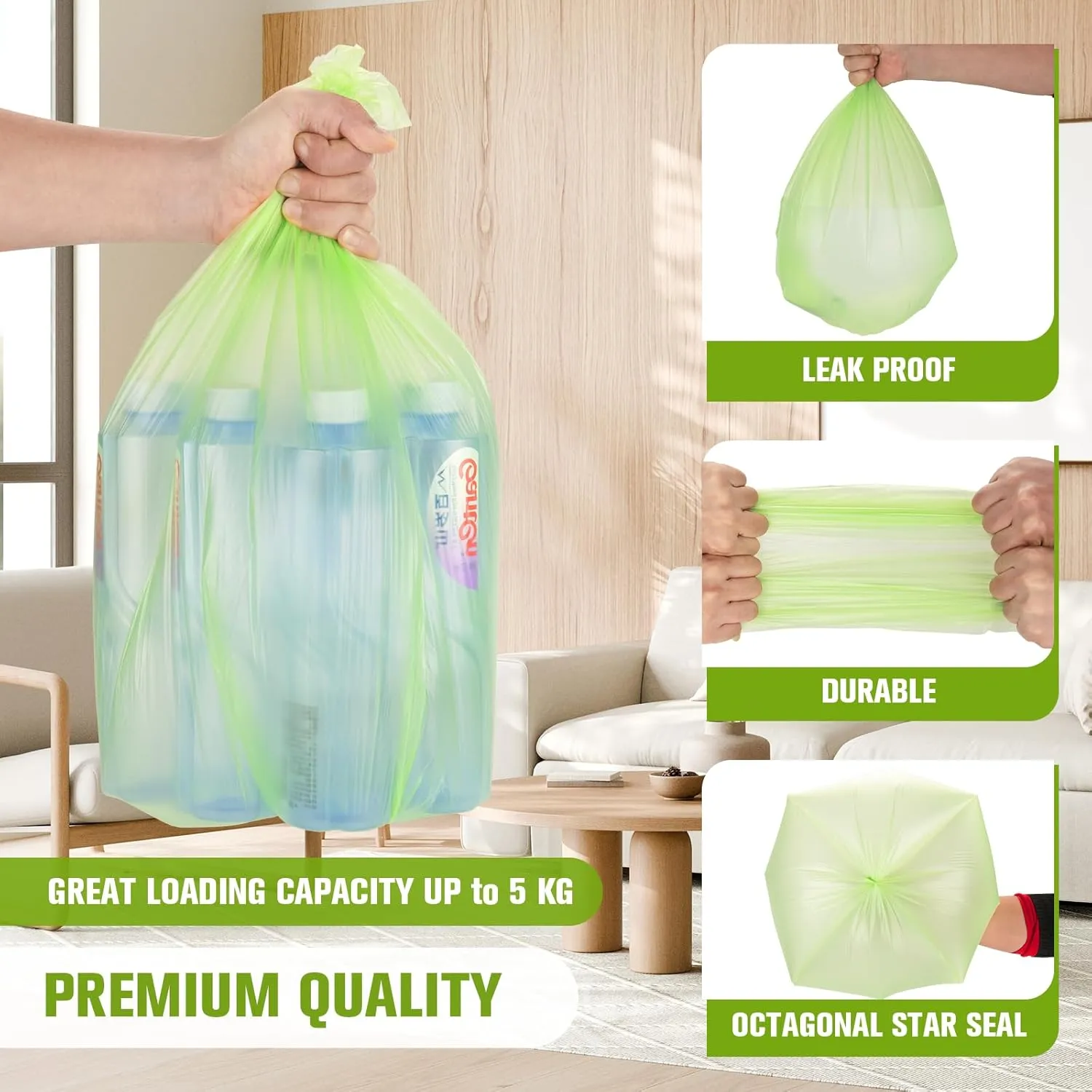 Small Trash Bags 4-6 Gallon - Rishipahu 200 Count Biodegradable Green 4 Gallon Trash Bags,Mini Garbage Bags for Bathroom Office Bedroom, Unscented 15L Small Trash Can Liners