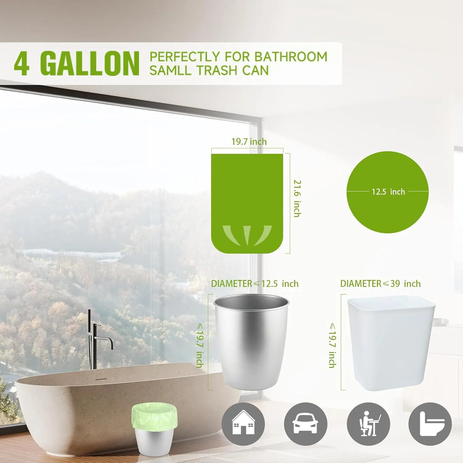 Small Trash Bags 4-6 Gallon - Rishipahu 200 Count Biodegradable Green 4 Gallon Trash Bags,Mini Garbage Bags for Bathroom Office Bedroom, Unscented 15L Small Trash Can Liners
