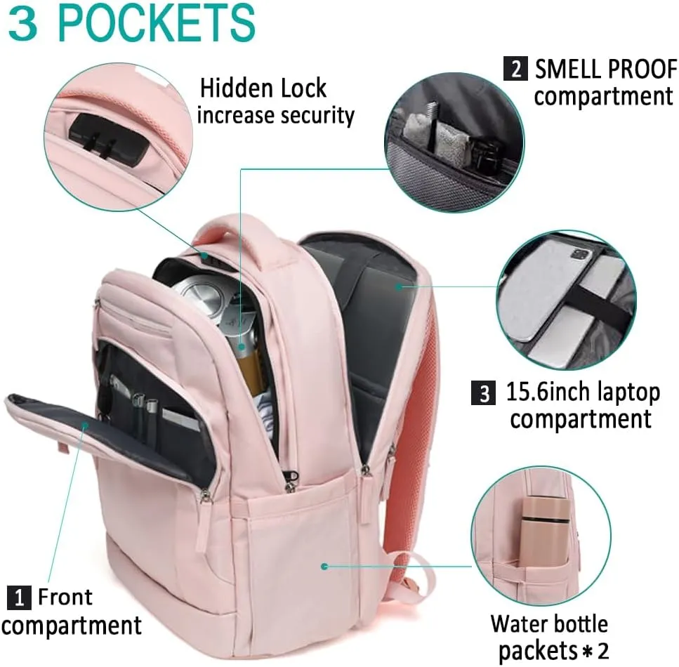 Smell Proof Backpack with Lock,Water Resistant Smell Proof Bags Travel Laptop Backpack,Large Capacity Carbon Enduring Smell Proof Stash Bag with Lock for Men Women (Pink)