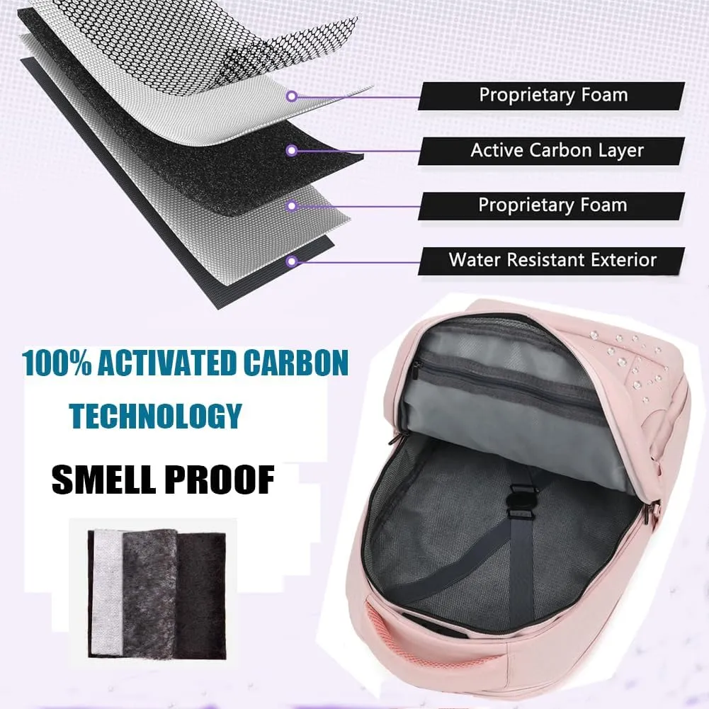 Smell Proof Backpack with Lock,Water Resistant Smell Proof Bags Travel Laptop Backpack,Large Capacity Carbon Enduring Smell Proof Stash Bag with Lock for Men Women (Pink)