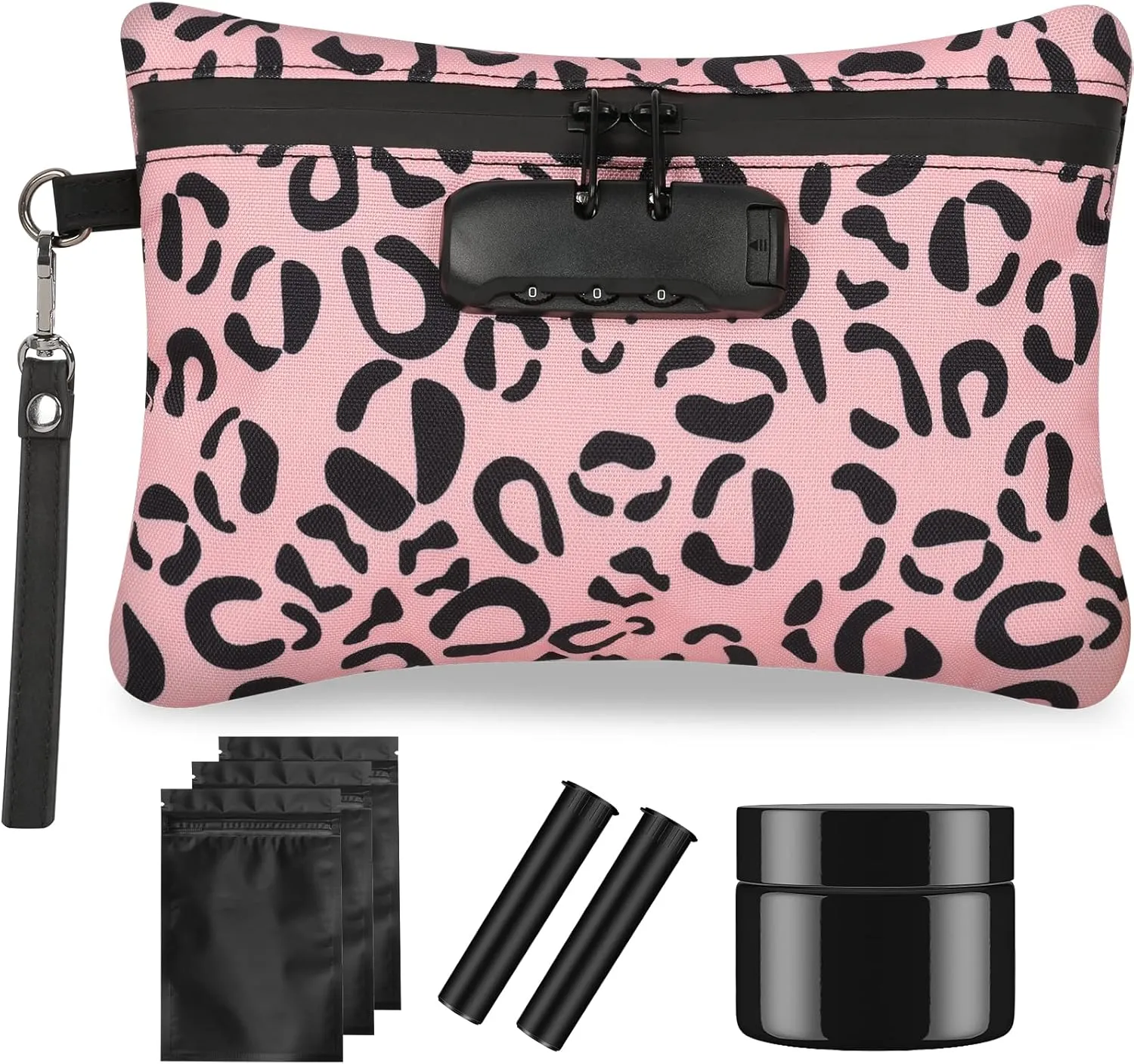 Smell Proof Bag, Dog-Tested Smell Proof Containers with Lock, Smell Proof Stash Bag, Money Safe Organizer, Odor Proof Case Storage Bags for Your Accessories, Smell Proof Pouch Gifts (Leopard Pink)