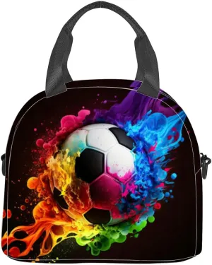 Soccer ball colorful flame Conceptual champion goal powerful game Insulated Adult Lunch Bag with Shoulder Strap for Women Lightweight Reusable Portable Freezable Lunch Tote Bag for Work Picnic