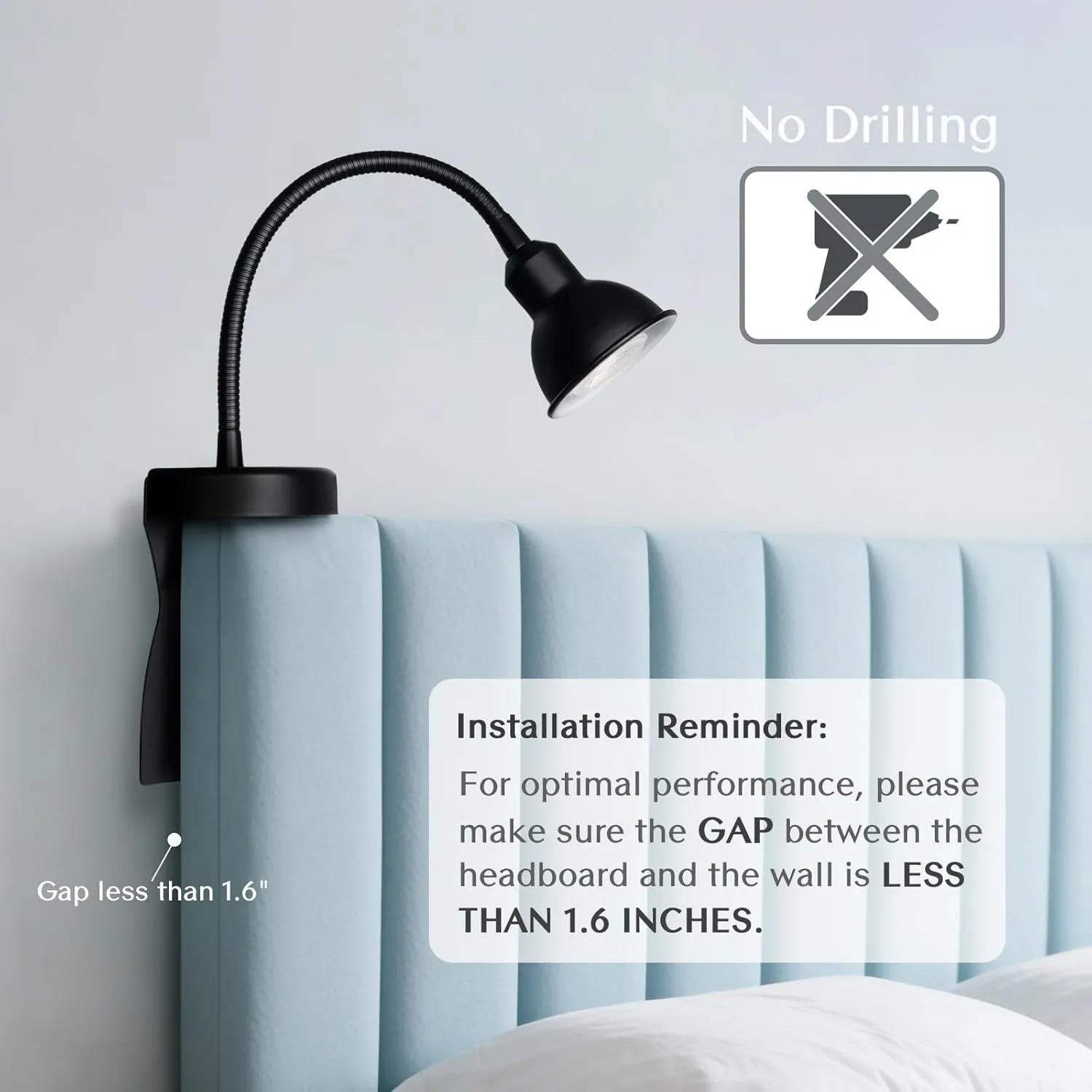 Solfres Patented Innovative Design Headboard Reading Light. No Drilling Golden Book Light for Bedtime Reading. Dimmable LED Book Reading Lamp with Bulb. Movable & Flexible, Black