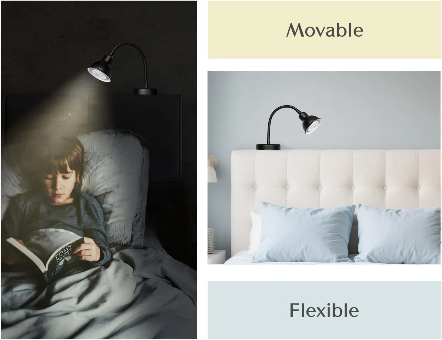 Solfres Patented Innovative Design Headboard Reading Light. No Drilling Golden Book Light for Bedtime Reading. Dimmable LED Book Reading Lamp with Bulb. Movable & Flexible, Black