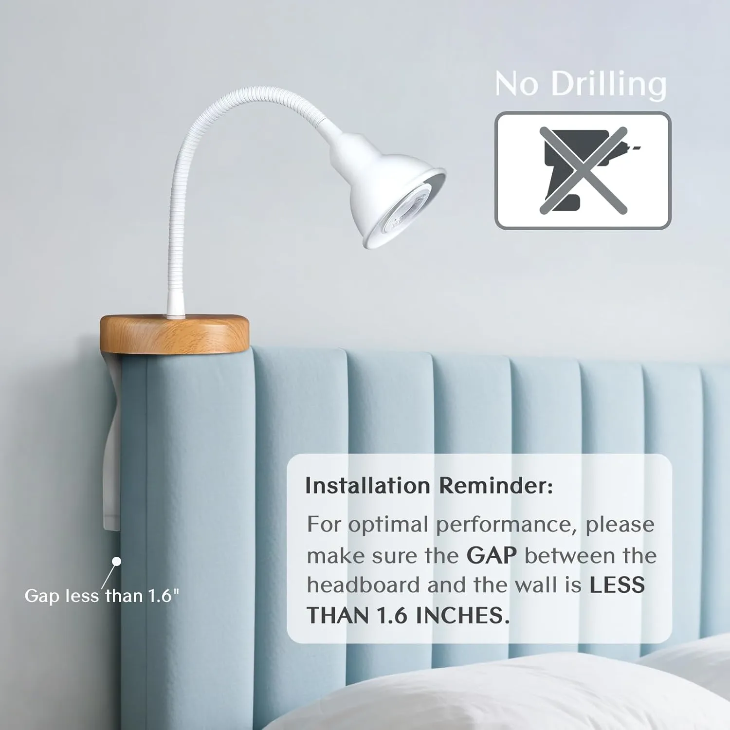 Solfres Patented Innovative Design Headboard Reading Light. No Drilling Golden Book Light for Bedtime Reading. Dimmable LED Book Reading Lamp with Bulb. Movable & Flexible, White
