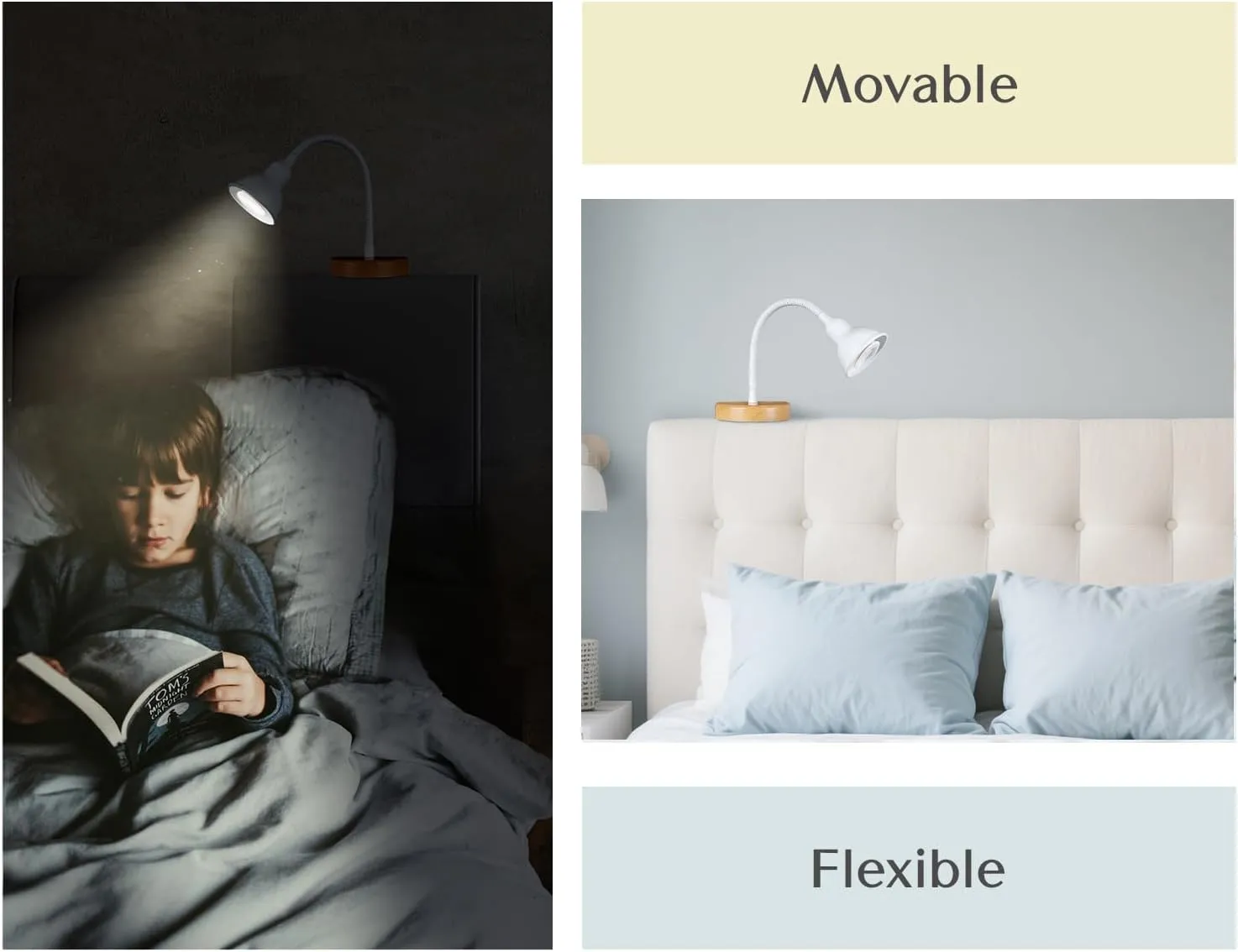 Solfres Patented Innovative Design Headboard Reading Light. No Drilling Golden Book Light for Bedtime Reading. Dimmable LED Book Reading Lamp with Bulb. Movable & Flexible, White