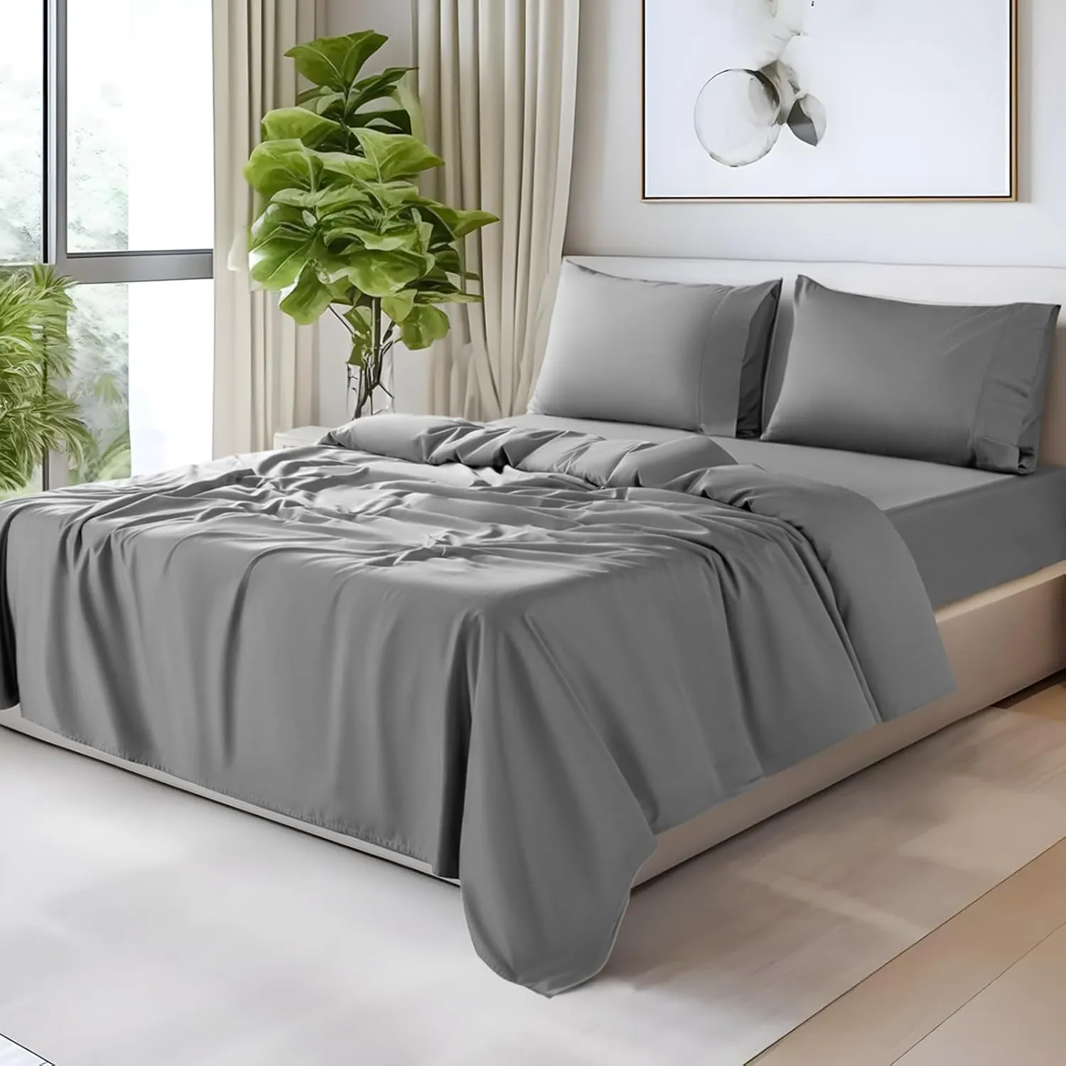 SONORO KATE 100% Egyptian Cotton Sheets - 1200 Thread Count, Luxury & Cooling Hotel Cotton Bed Sheets Set 4 Piece, Sateen Weave for Soft Feel, Fits Upto 16" Mattress (Grey, Queen)