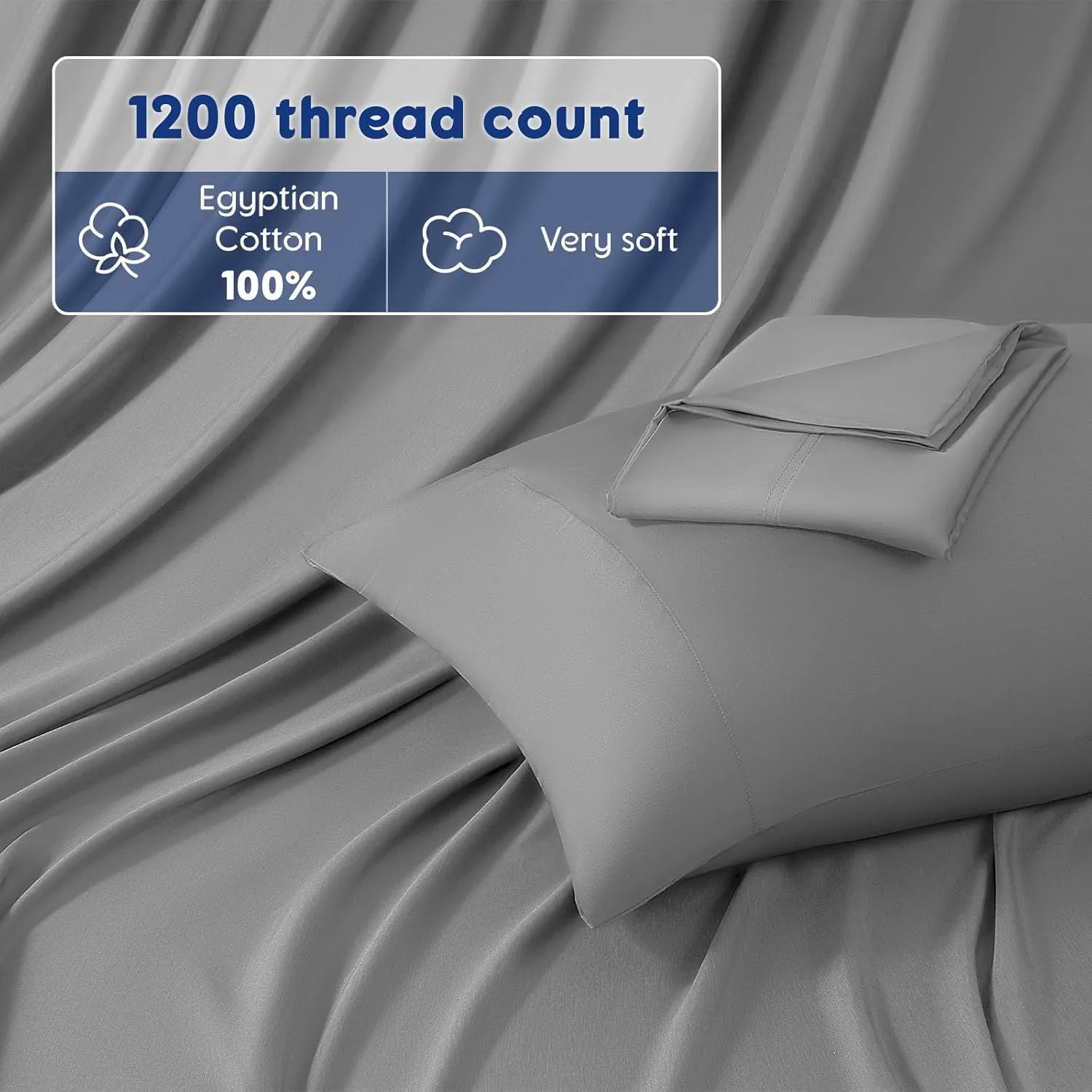 SONORO KATE 100% Egyptian Cotton Sheets - 1200 Thread Count, Luxury & Cooling Hotel Cotton Bed Sheets Set 4 Piece, Sateen Weave for Soft Feel, Fits Upto 16" Mattress (Grey, Queen)