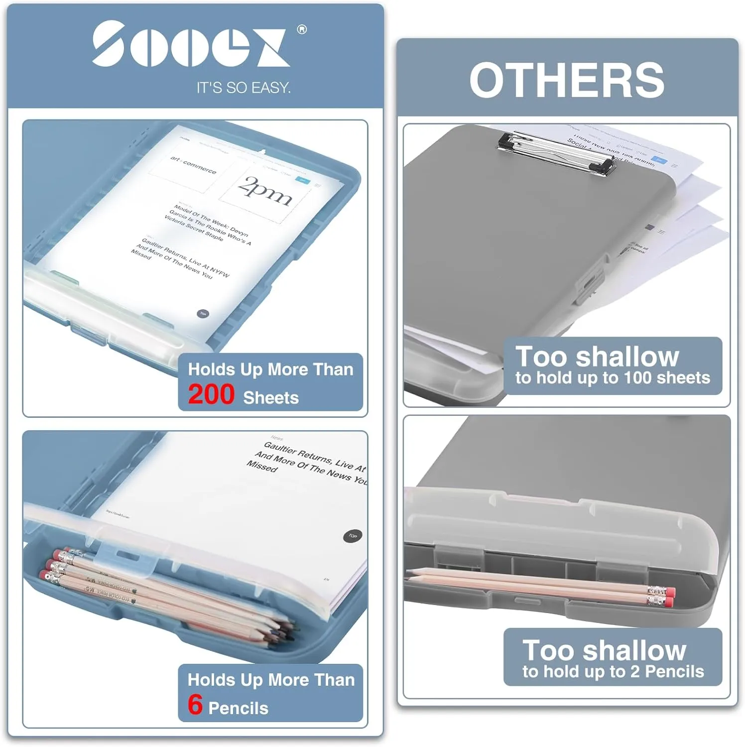 Sooez Clipboard with Storage, High Capacity Nursing Clip Board 8.5 x 11 with Pen Holder & Low Profile Clip, Plastic Clipboards Case Box, Teacher Must Haves School Office Supplies, Letter Size/ A4