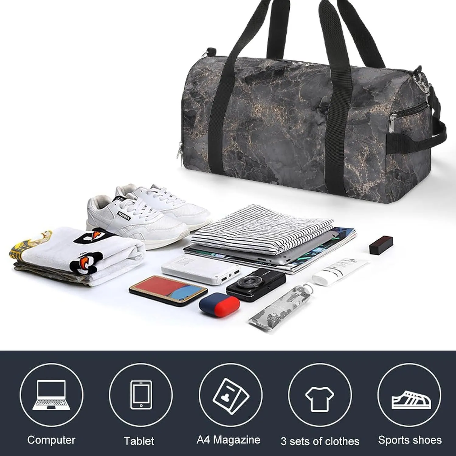Sport Gym Duffel with Shoe Compartment Wet Pocket, Black-gold-fluid-art Shoulder Travel Bag for Women Men