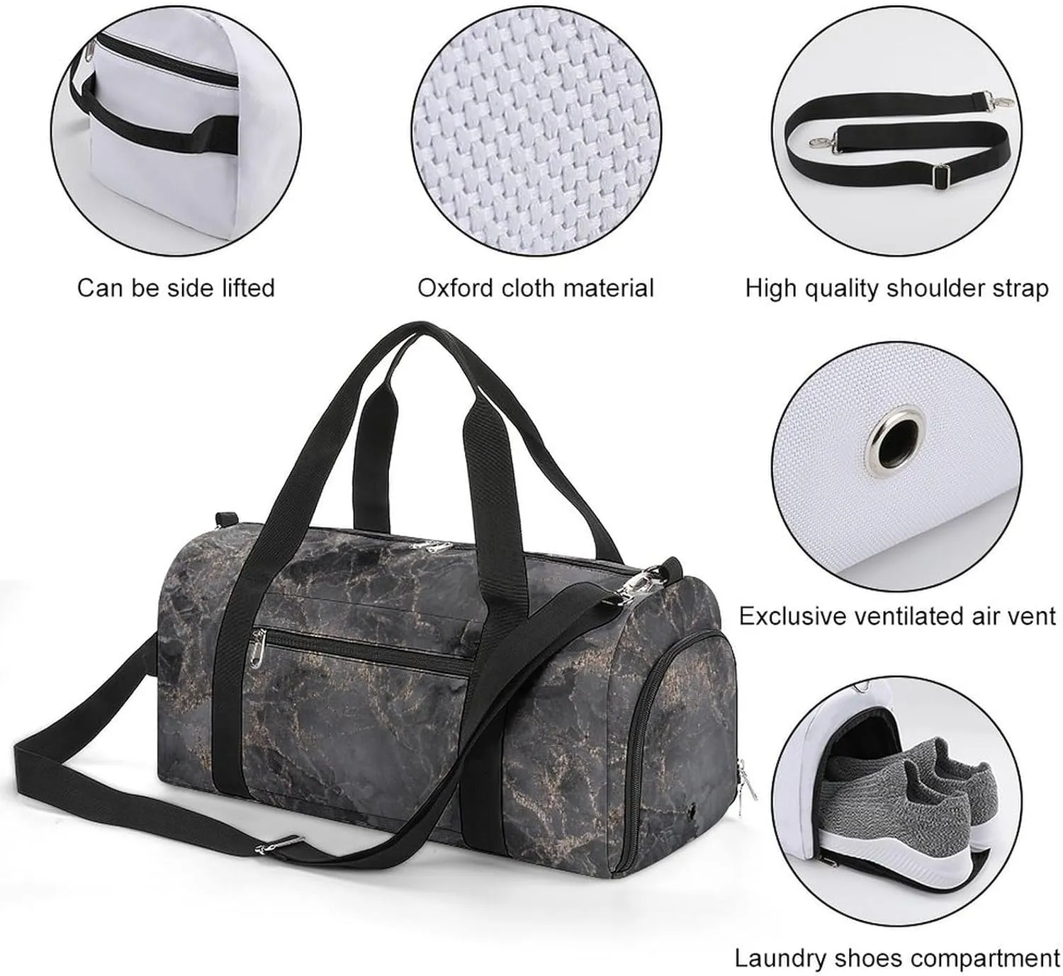 Sport Gym Duffel with Shoe Compartment Wet Pocket, Black-gold-fluid-art Shoulder Travel Bag for Women Men