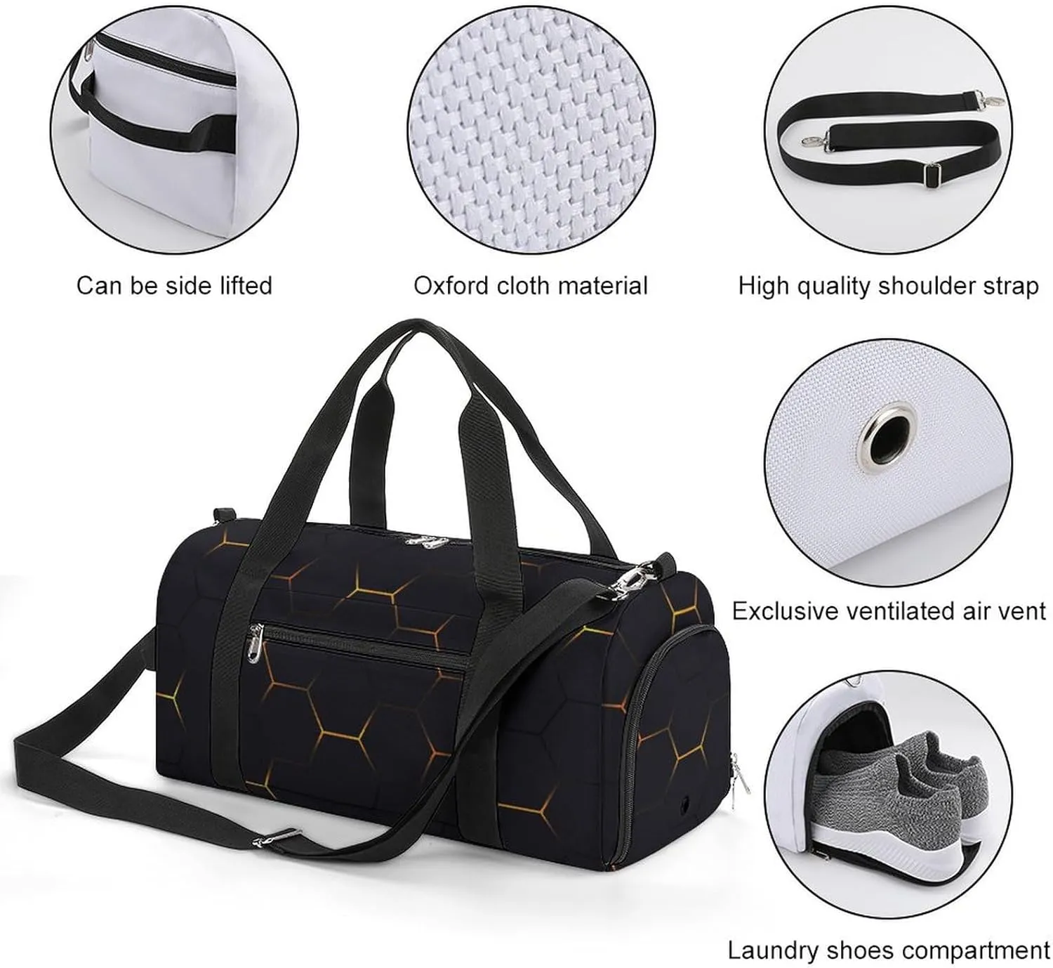 Sport Gym Duffel with Shoe Compartment Wet Pocket, Black-yellow-hexagonal Shoulder Travel Bag for Women Men, style-3