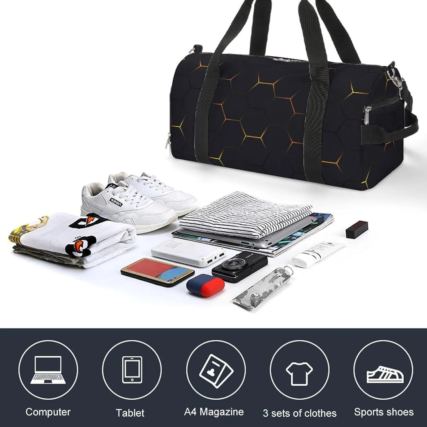 Sport Gym Duffel with Shoe Compartment Wet Pocket, Black-yellow-hexagonal Shoulder Travel Bag for Women Men, style-3