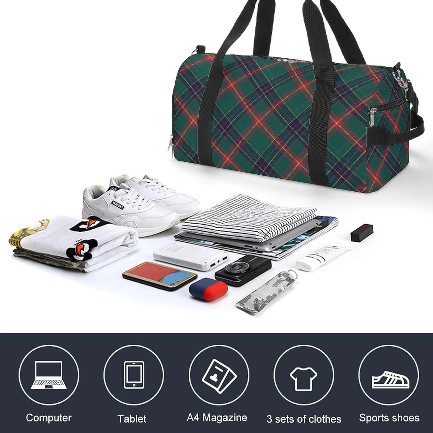 Sport Gym Duffel with Shoe Compartment Wet Pocket, Christmas-plaid-pattern-design Shoulder Travel Bag for Women Men