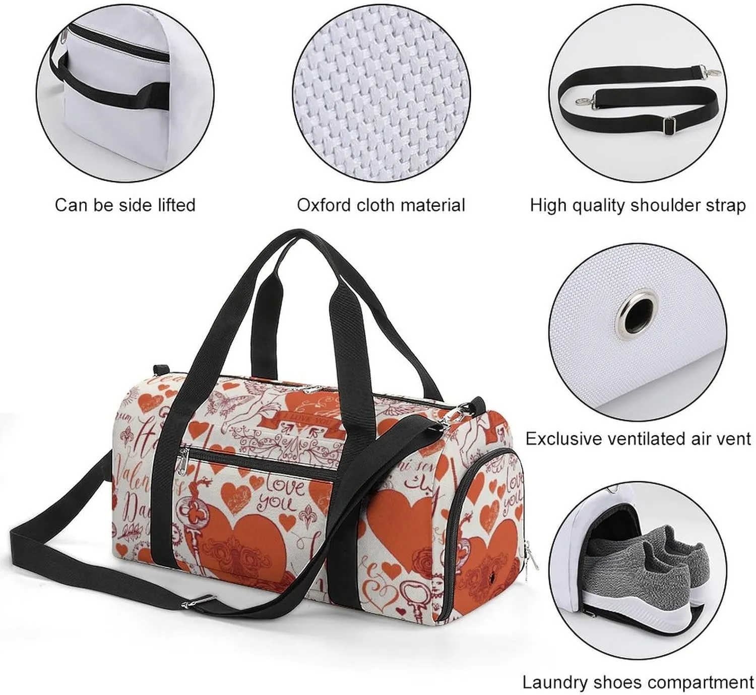 Sport Gym Duffel with Shoe Compartment Wet Pocket, Love Print Shoulder Travel Bag for Women Men, style-3