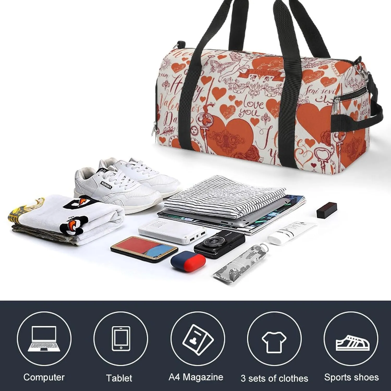 Sport Gym Duffel with Shoe Compartment Wet Pocket, Love Print Shoulder Travel Bag for Women Men, style-3