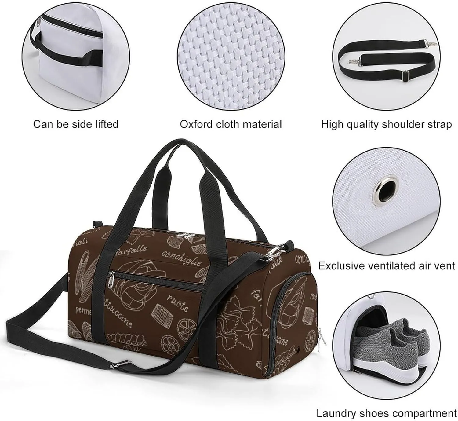 Sport Gym Duffel with Shoe Compartment Wet Pocket, Pasta-shapes-print Shoulder Travel Bag for Women Men, style-2