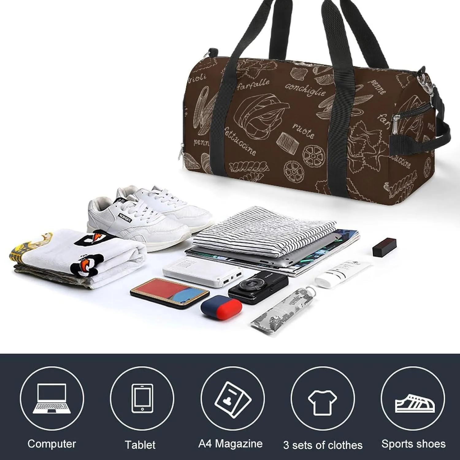 Sport Gym Duffel with Shoe Compartment Wet Pocket, Pasta-shapes-print Shoulder Travel Bag for Women Men, style-2